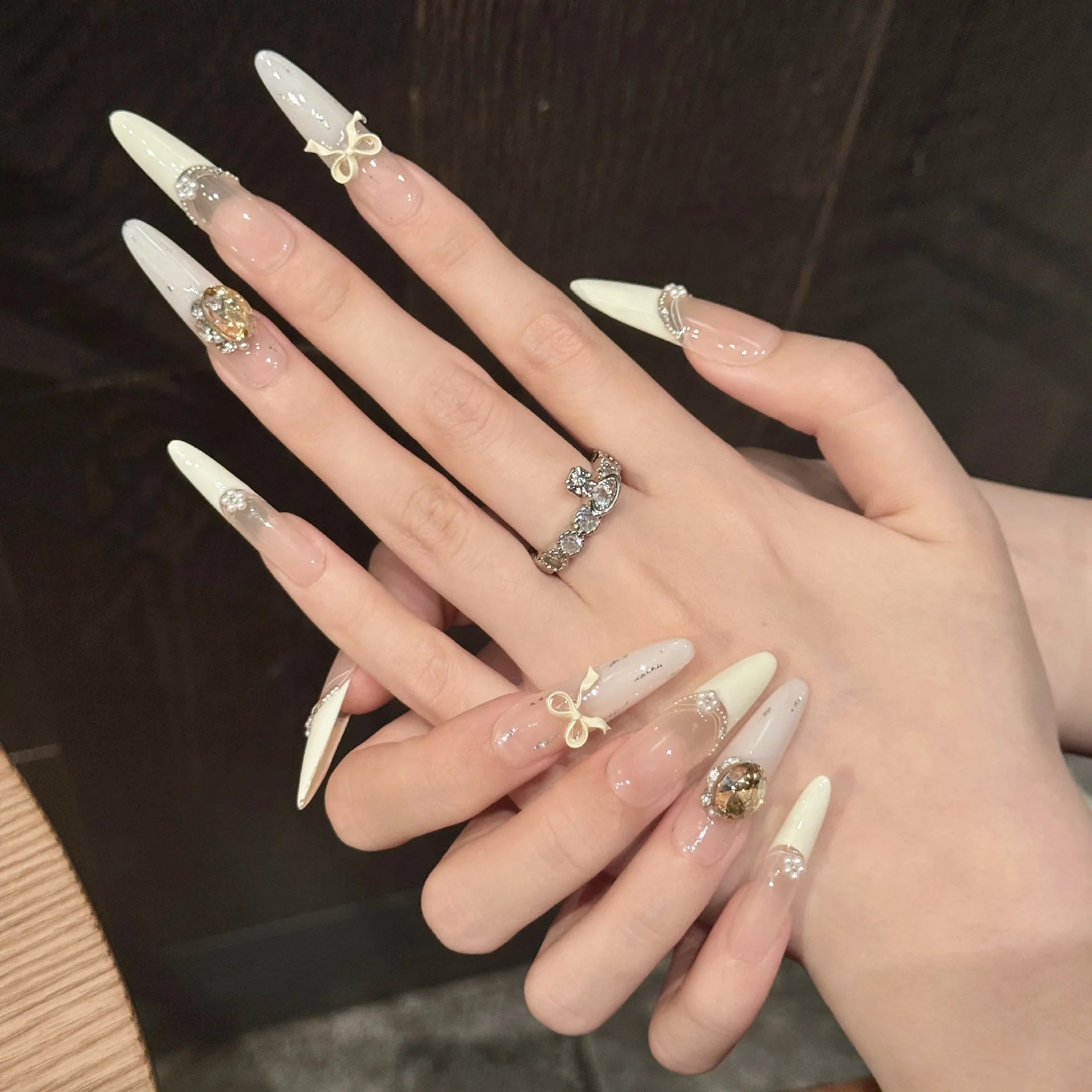 10pcs Handmade Almond Press on Nails White Bow Large Crystal Design False Nails Wearable Full Cover French Girl False Nail Tips Peaceful Pleasures Health and Wellness XS