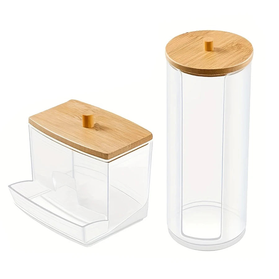 Acrylic Round Swab Dispenser with Lid – 2-Pack Clear Makeup Organizer for Bathroom Storage