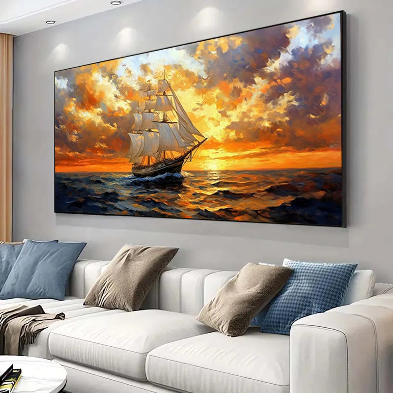 1pc Frameless Modern Retro Oil Paintings of Sailboats on The Sea Canvas Painting Art for Living Room Modern Canvas Poster Decor Peaceful Pleasures Health and Wellness