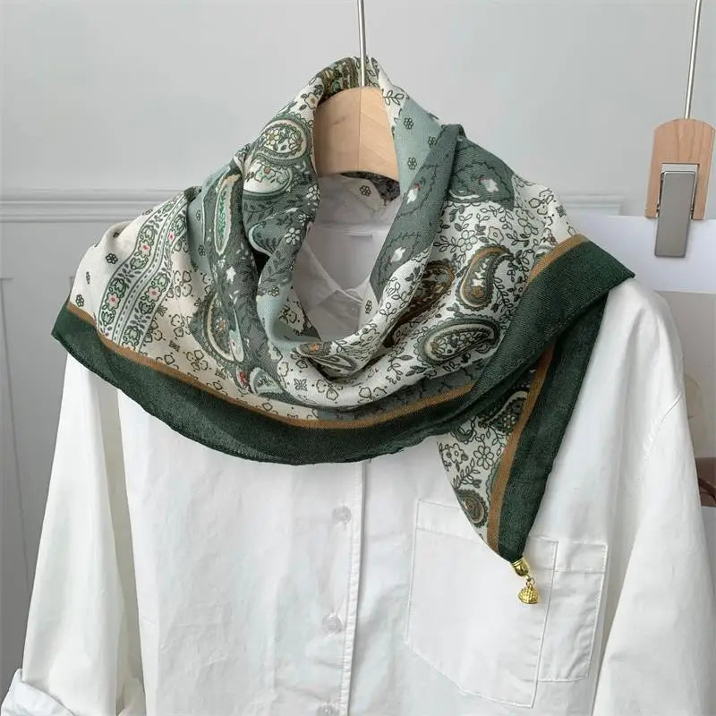70x70 Retro Print Square Silk Scarf with Magnetic Buckle
