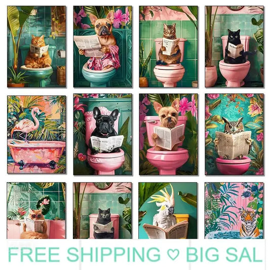 Funny Toilet Animals Canvas Wall Art | Bathroom Decor Poster Canvas Wall Poster Peaceful Pleasures Health and Wellness