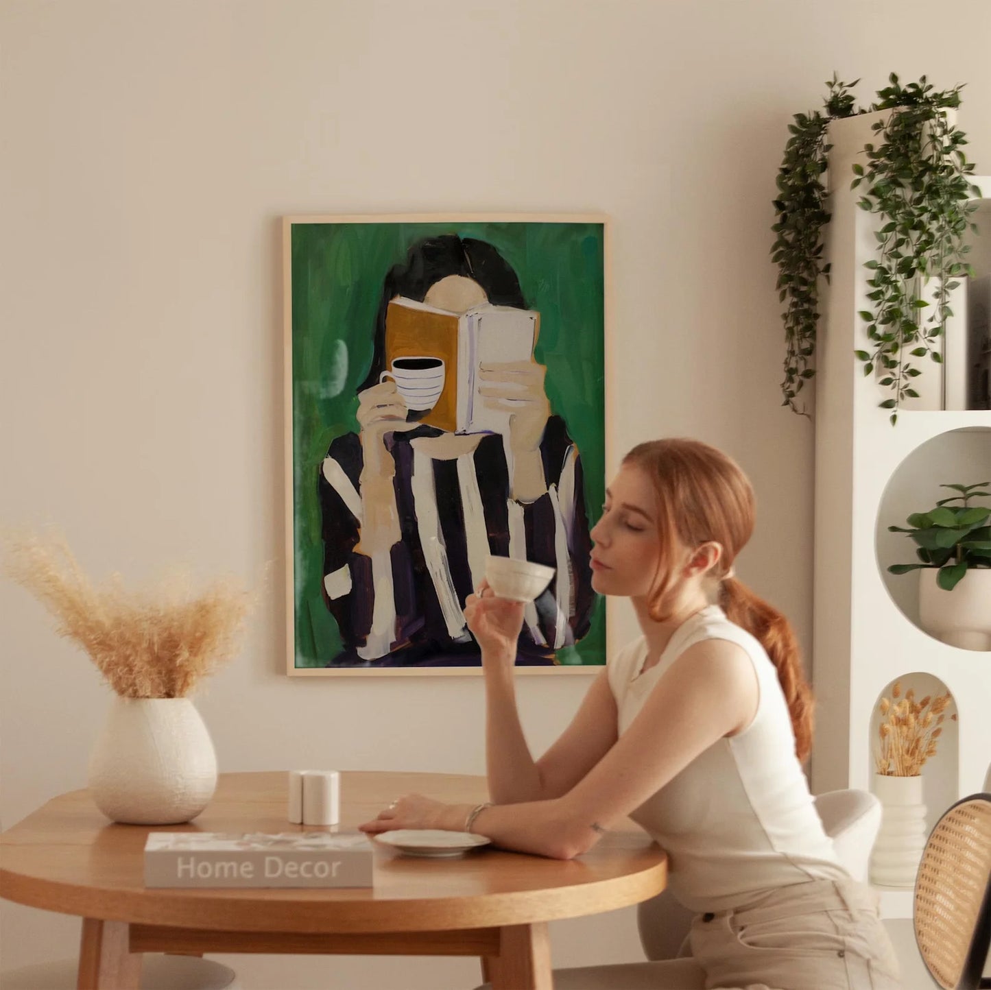 Emerald Green Reading Woman Canvas Wall Art | Minimalist Print