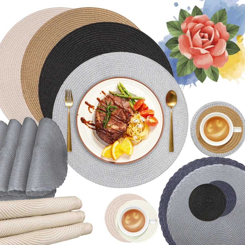 6Pc Round Braided Table Mat with 6Pc Cup Coasters Heat Resistant Washable Non Slip Placemats for Kitchen Dining Tables Pads Peaceful Pleasures Health and Wellness