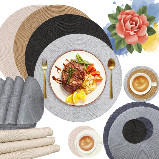 6Pc Round Braided Table Mat with 6Pc Cup Coasters Heat Resistant Washable Non Slip Placemats for Kitchen Dining Tables Pads Peaceful Pleasures Health and Wellness