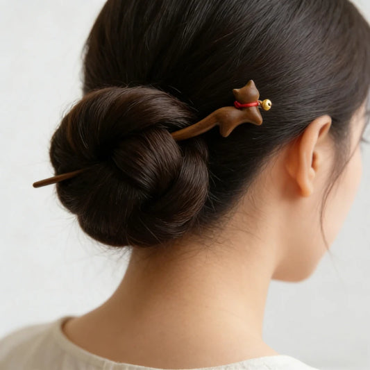 Chinese Traditional Hair Stick Vintage Golden Sandalwood Hairpin Cute Bell Cat Hair Pin Simple Retro Step Shake Hair Accessories Peaceful Pleasures Health and Wellness