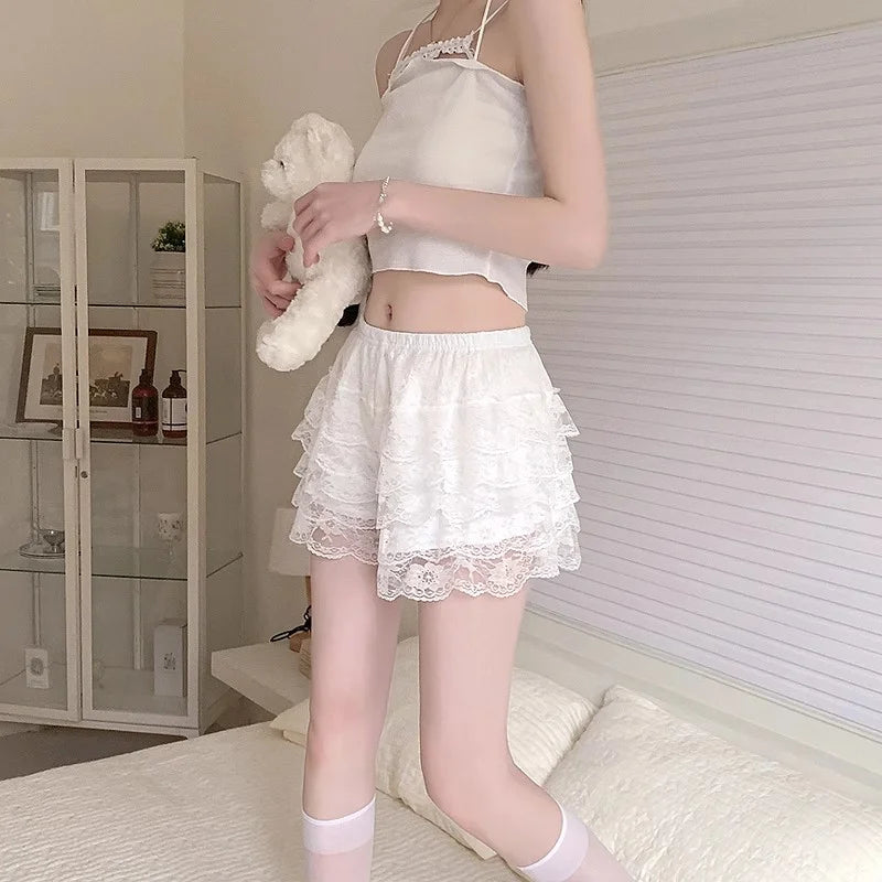 Women Lace Bloomers Shorts Lolita Ruffle Safety Pants High Waist Layered Petticoat Underpants Sweet Princess Summer Loose Fit Peaceful Pleasures Health and Wellness