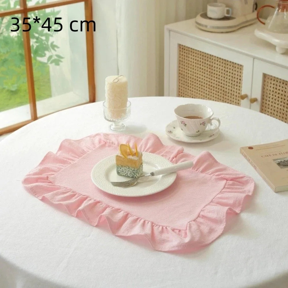 Retro Soft Ruffle Placemats Round Cotton Table Cup Mat Square French Coasters Table Decor Peaceful Pleasures Health and Wellness 35x45 Pink L
