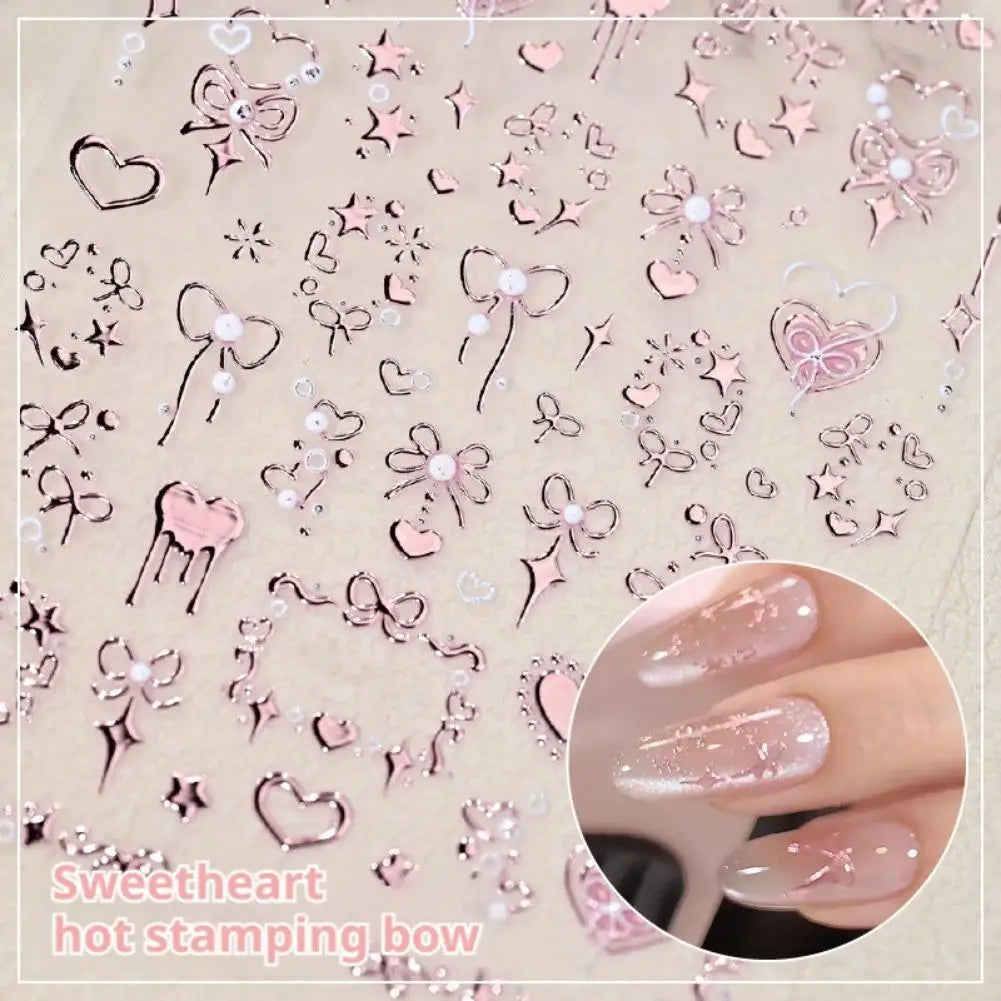 Heart Bow Nail Stickers – Gold Foil Rose Embossed DIY Nail Art