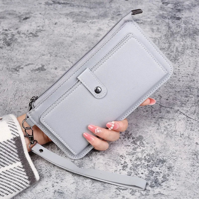 PU Leather Long Multi-card Position Clutch Buckle Zipper Studen