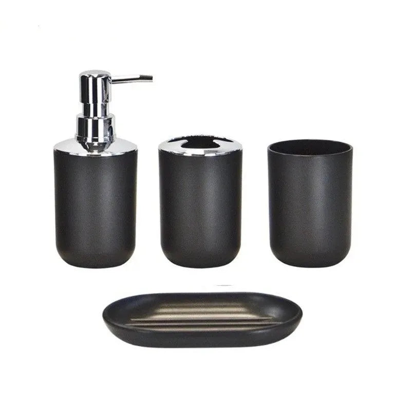 4pcs Bathroom Set, Plastic Gift Set, Toothbrush Holder, Toothbrush Cup, Soap Dispenser, Soap Dish (Gray, Black) Peaceful Pleasures Health and Wellness Black