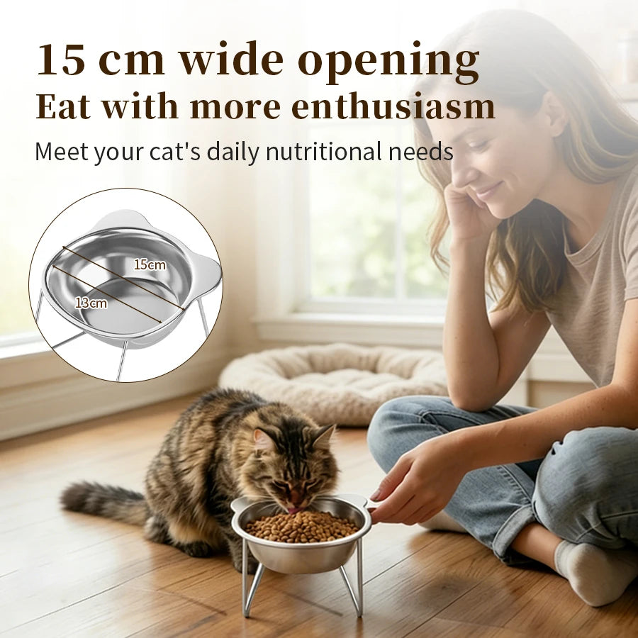 Raised Cat Bowls Tilted Neck Guard Cat Food Bowl 304 Stainless Steel Shatter-resistant Elevated 15° Pet Supplies for Puppy Cat Peaceful Pleasures Health and Wellness