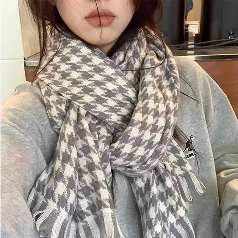 1PC Women's Autumn and Winter New Style, Fresh and Elegant, Imitation Check Pattern Fringe Scarf, Stylish and Versatile, Provide Peaceful Pleasures Health and Wellness GRAY One Size