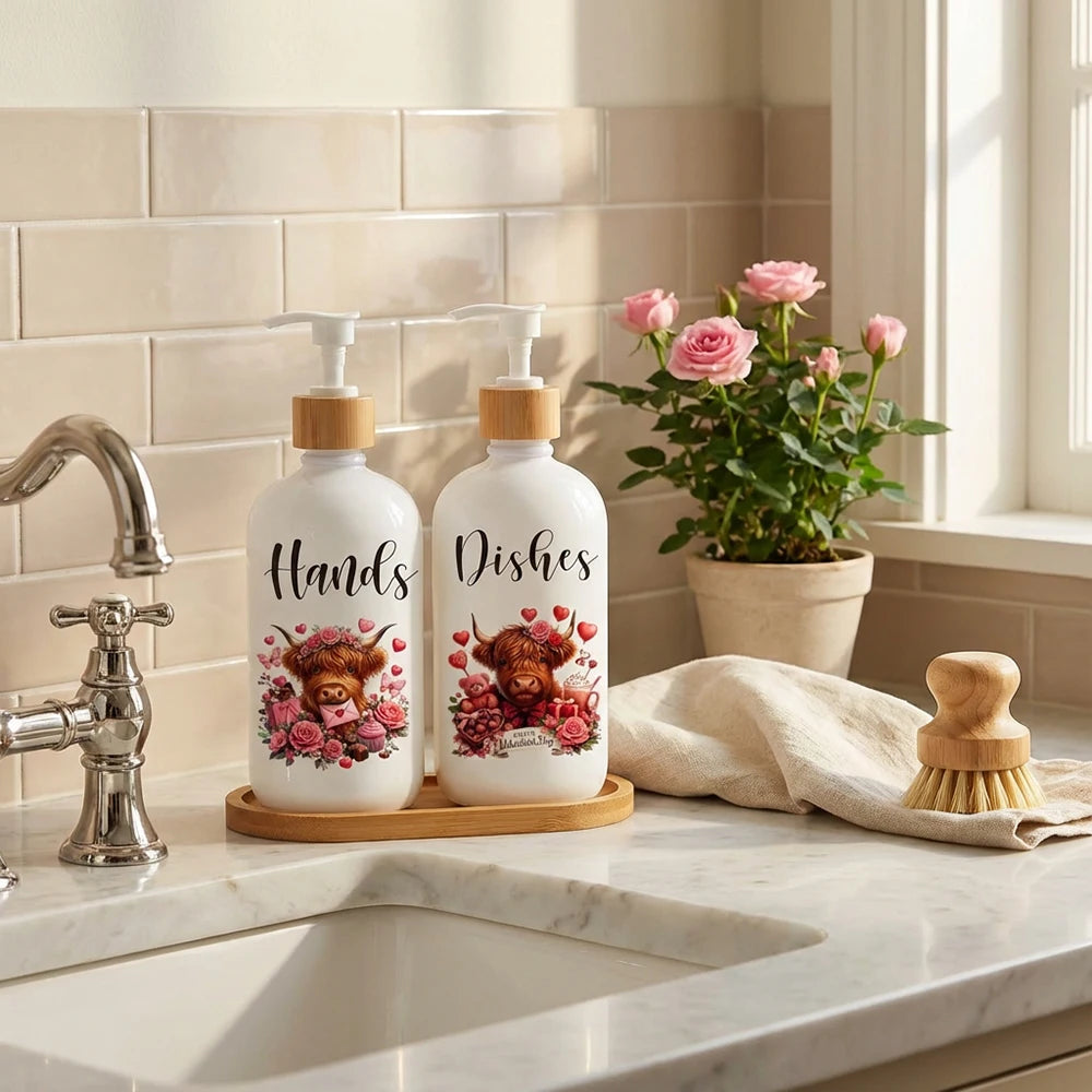 2Pcs Valentine's Day Soap Dispenser with Tray Highland Cow Dishes and Hands Dispenser with Pump 16 Oz Refillable Liquid Soap Peaceful Pleasures Health and Wellness
