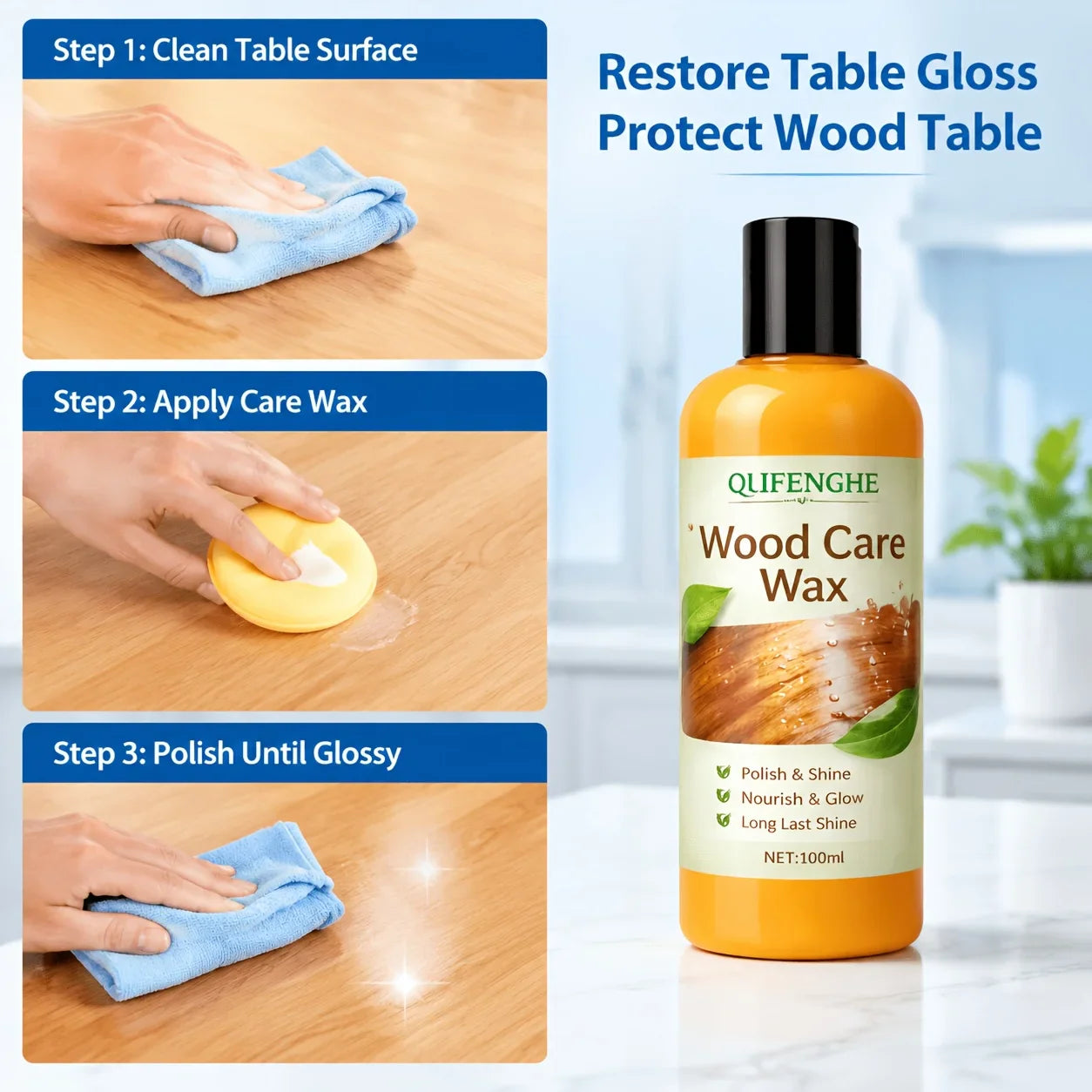 Wood Floor Wax & Polish 3.38oz – One-Step Shine & Protection