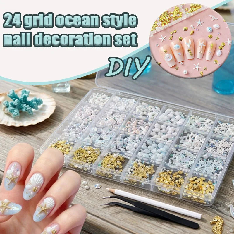 24-Grid Ocean Nail Charms Set – Shell, Starfish & Rhinestones