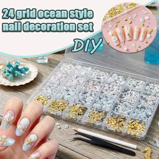 24-Grid Ocean Nail Charms Set – Shell, Starfish & Rhinestones Nail Art Charms Peaceful Pleasures Health and Wellness