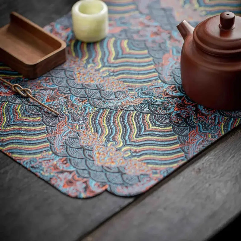 1pc Double Sided Brocade Tea Mat Chinese Zen Style Non Slip Dry Retro Dining Table Decoration Traditional Coaster Peaceful Pleasures Health and Wellness