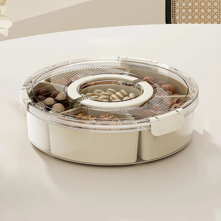 Rotating Divided Serving Tray with Lid & Handle – Large Snack Spinner & Multi-Purpose Food Platter