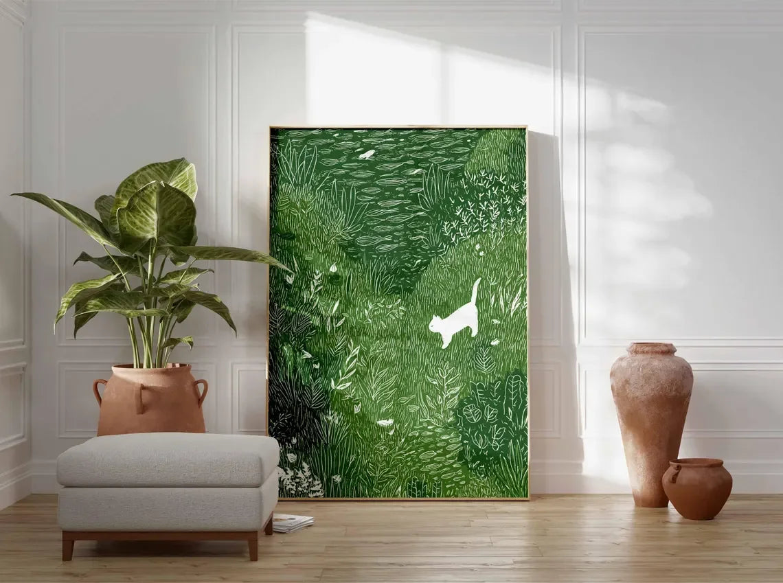 White Cat in Meadow Canvas Poster | Whimsical Animal Wall Art Canvas Wall Art Peaceful Pleasures Health and Wellness