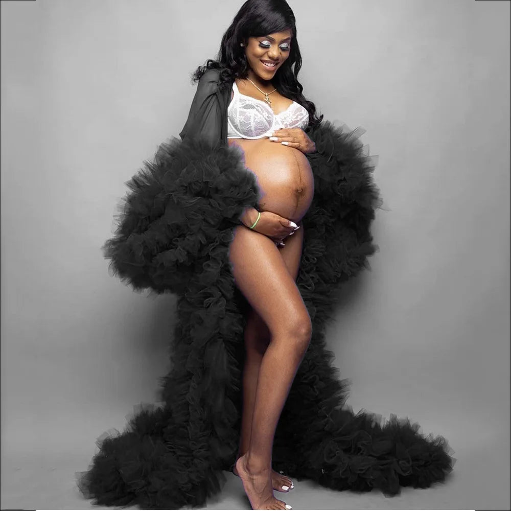 Deep V-Neck Lace Feather Maternity Gown | Photo Shoot Dress