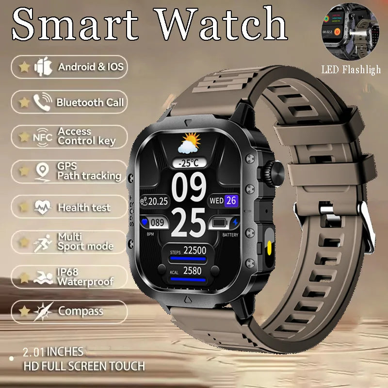 Military Smart Watch Men's Outdoor Sports Waterproof Watch 2.01" HD Touch Screen Voice Bluetooth Call GPS Tracking Smartwatch Peaceful Pleasures Health and Wellness Brown