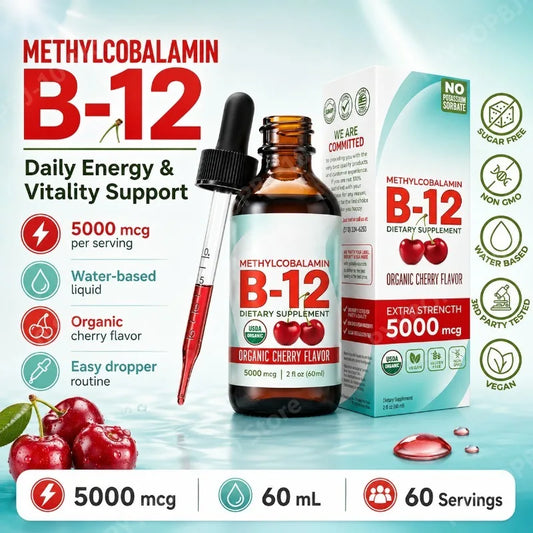 Methylcobalamin B12 5000mcg Liquid Drops | Organic Cherry 60ml B12 Liquid Supplement Peaceful Pleasures Health and Wellness