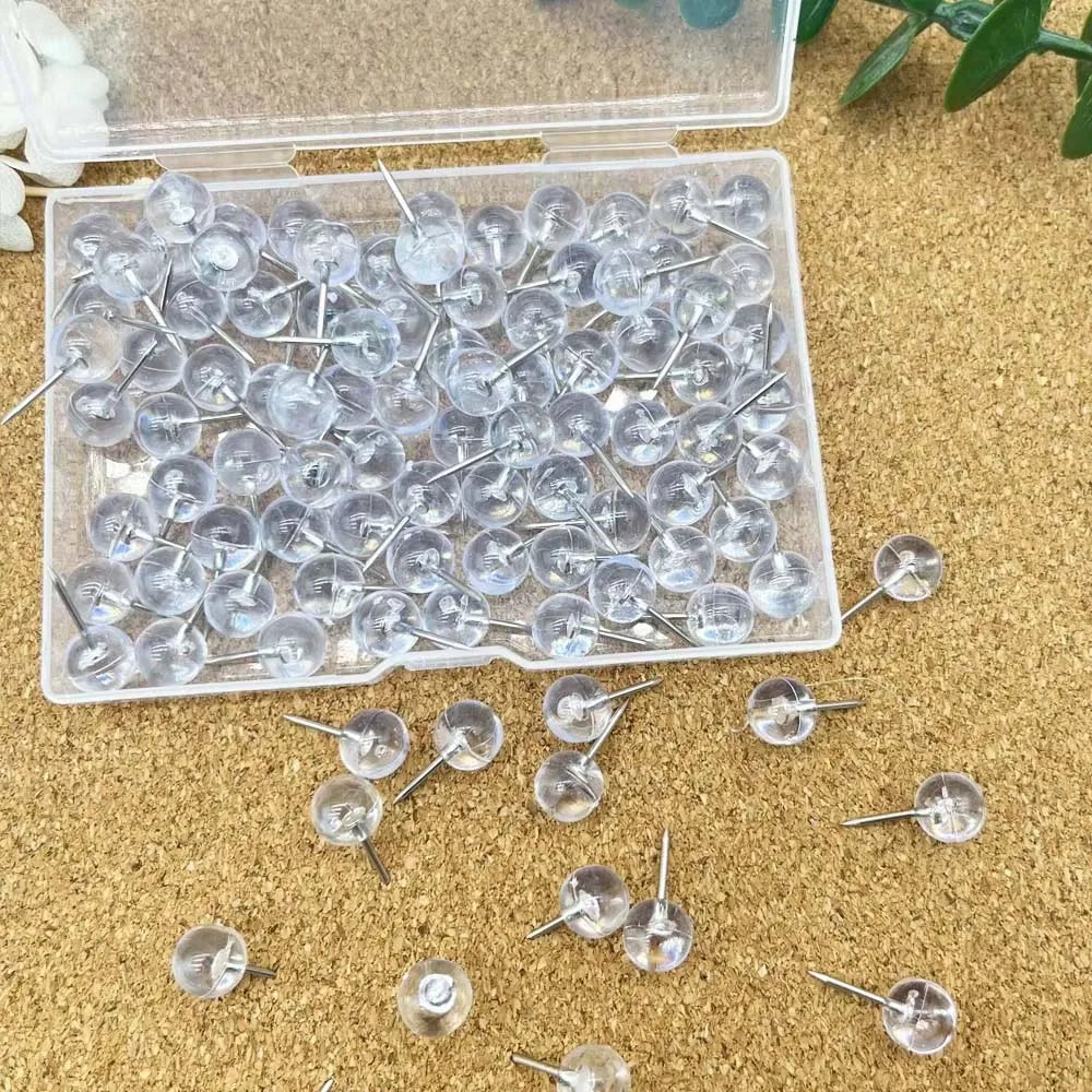 100 Clear Push Pins – Steel Thumb Tacks for Bulletin Board