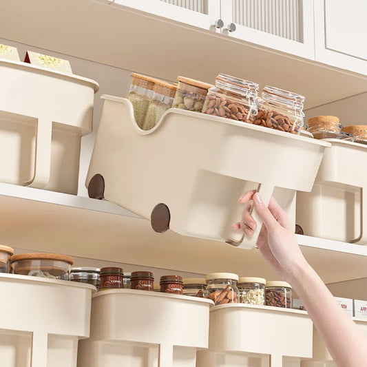 Easy Slide PP Storage Box with Handle and Wheels Rolling Organizer for Kitchen Overhead Cabinet Toys Seasoning Cupboard Peaceful Pleasures Health and Wellness