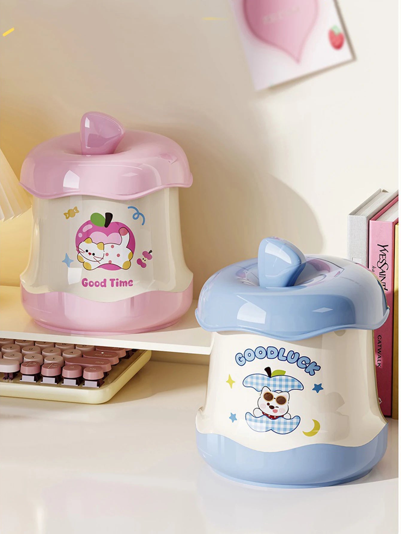 1Pcs Cartoon Pattern Desktop Trash Bin Apple Shaped Press Open Lid Storage Bin Snacks Paper Scraps Miscellaneous Items Trash Peaceful Pleasures Health and Wellness