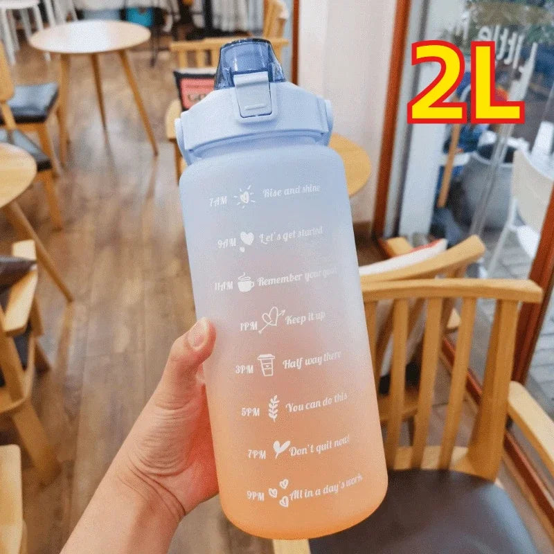 2L Motivational Sports Water Bottle with Time Marker & Straw