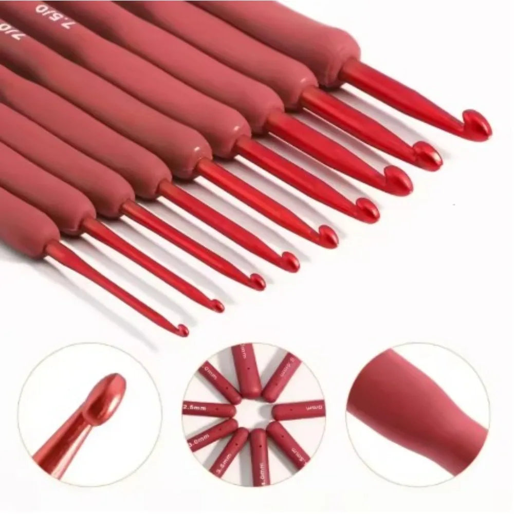 9pcs Red Crochet Hook Silicone Handle Aluminum Hand Knitting Needles Crocheting Weave Crafts Hooks 2/2.5/3/3.5/4/4.5/5/5.5/6mm Peaceful Pleasures Health and Wellness