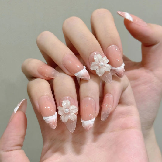 10Pcs Handmade Nude Pink Press on Nails Ins Carved Petal Design Fake Nails Wearable Full Cover French Almond False Nail Tips Peaceful Pleasures Health and Wellness