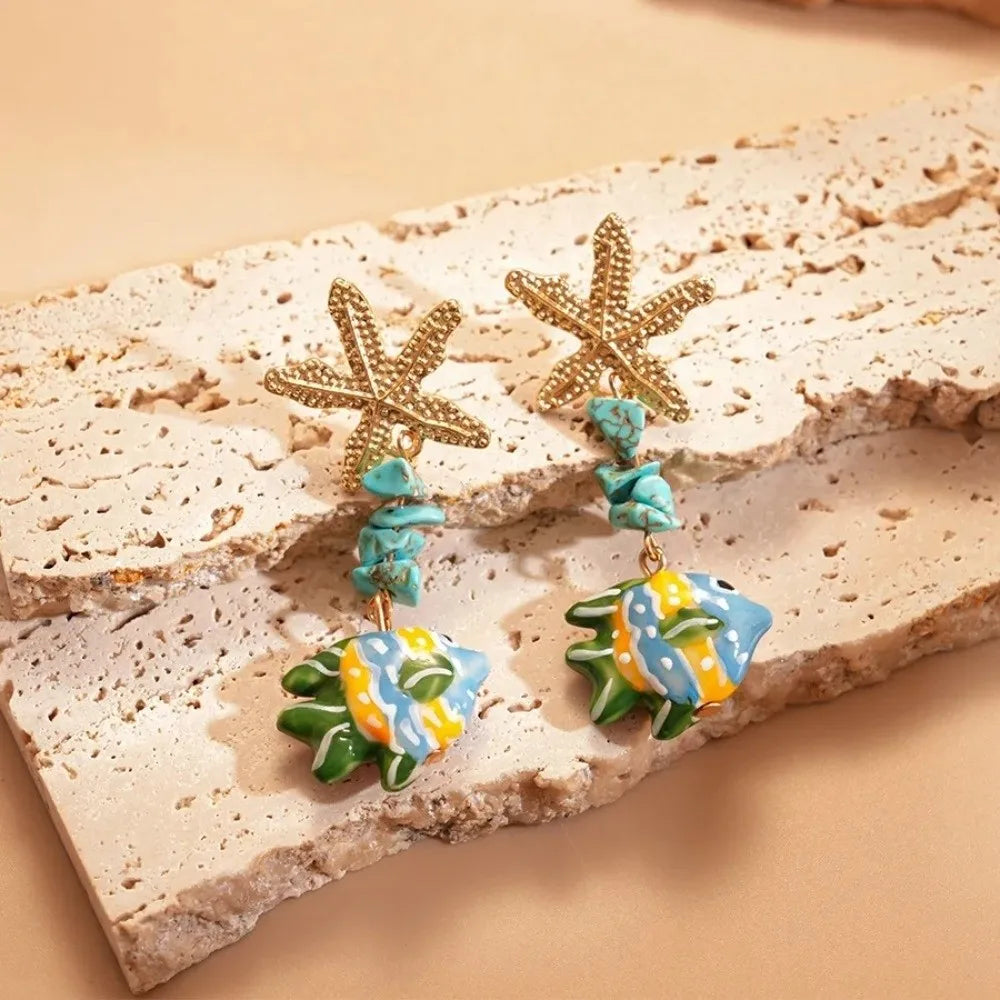 Ocean Glass Beaded Fish & Starfish Drop Earrings | Summer Jewelry