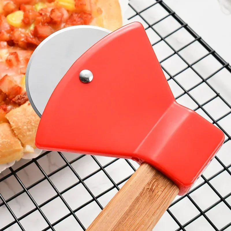 Stainless steel Pizza Cutter Kitchen Restaurant pizza axel tool Axe Pizza Cutter with Bamboo Handle and Sharp Rotating Blade Peaceful Pleasures Health and Wellness