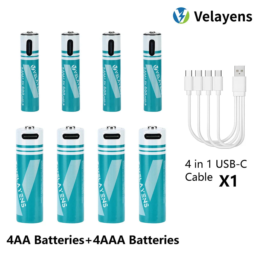 1.5V USB Rechargable Lithium Battery AA 2200mAh + AAA 600mAh Actual Capacity Fast Charging 2000+ Charge Cycles Peaceful Pleasures Health and Wellness 4AA 4AAA