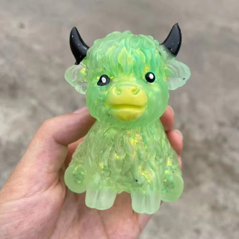 Cute Highland Cow Squeeze Toys Maltose Squishy Glitter Soft Animal Slow Rising Anti Stress Relieve Anxiety Sensory Fidget Toy Peaceful Pleasures Health and Wellness Green
