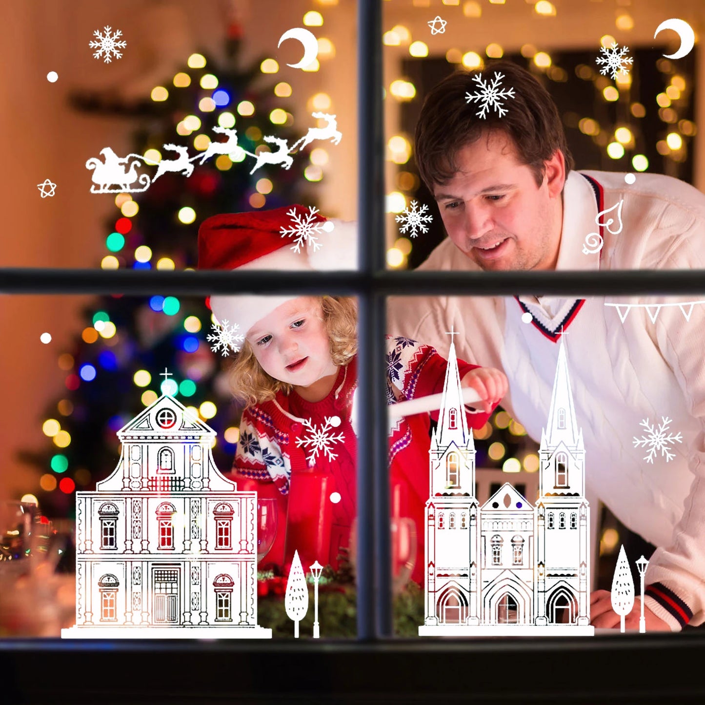 Christmas Static Window Clings – Elk, Snowflake & Xmas Tree PVC