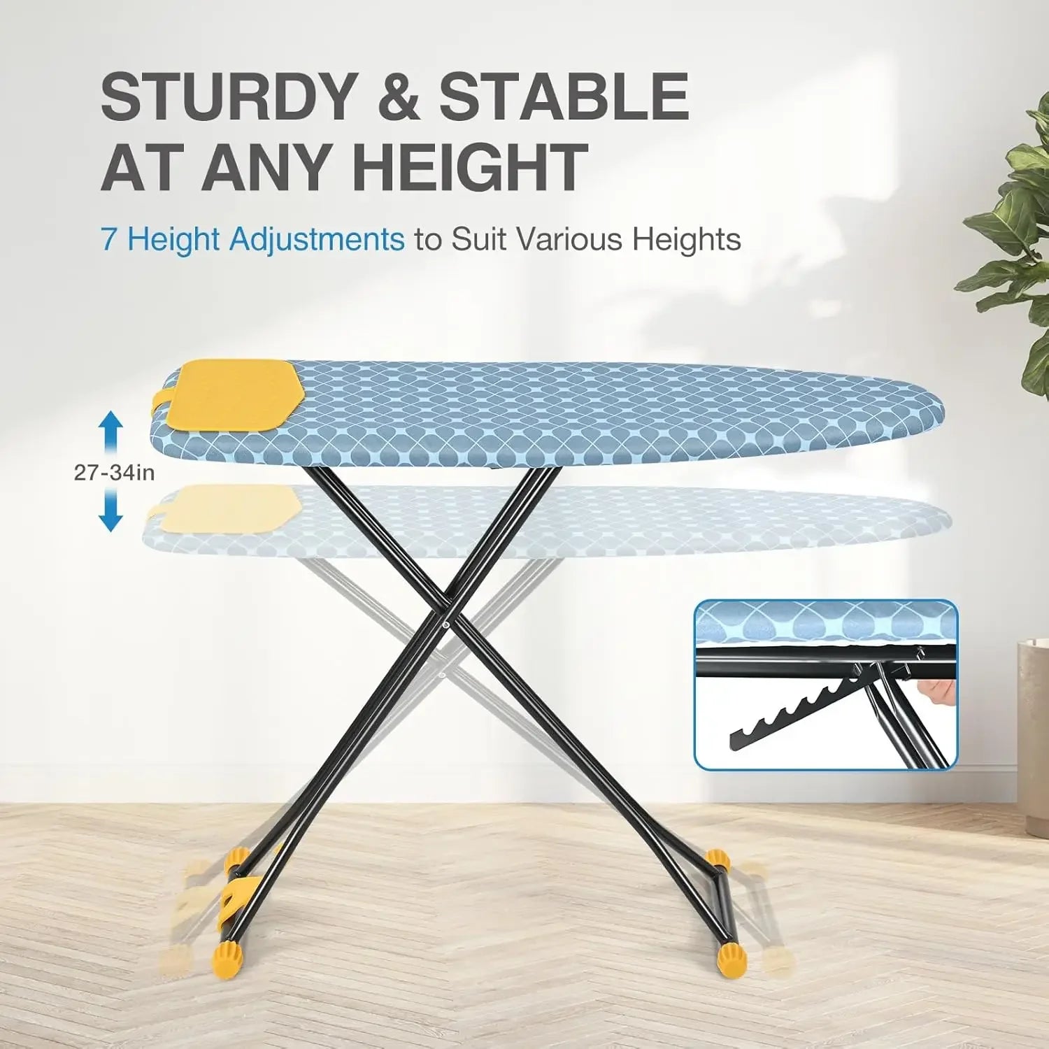 Compact Adjustable Ironing Board with Extra Thick Cover, Wall Mount & Space Saver Design in Yellow Peaceful Pleasures Health and Wellness