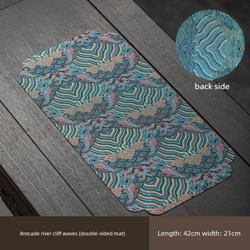 1pc Double Sided Brocade Tea Mat Chinese Zen Style Non Slip Dry Retro Dining Table Decoration Traditional Coaster Peaceful Pleasures Health and Wellness 1pc 42x21cm