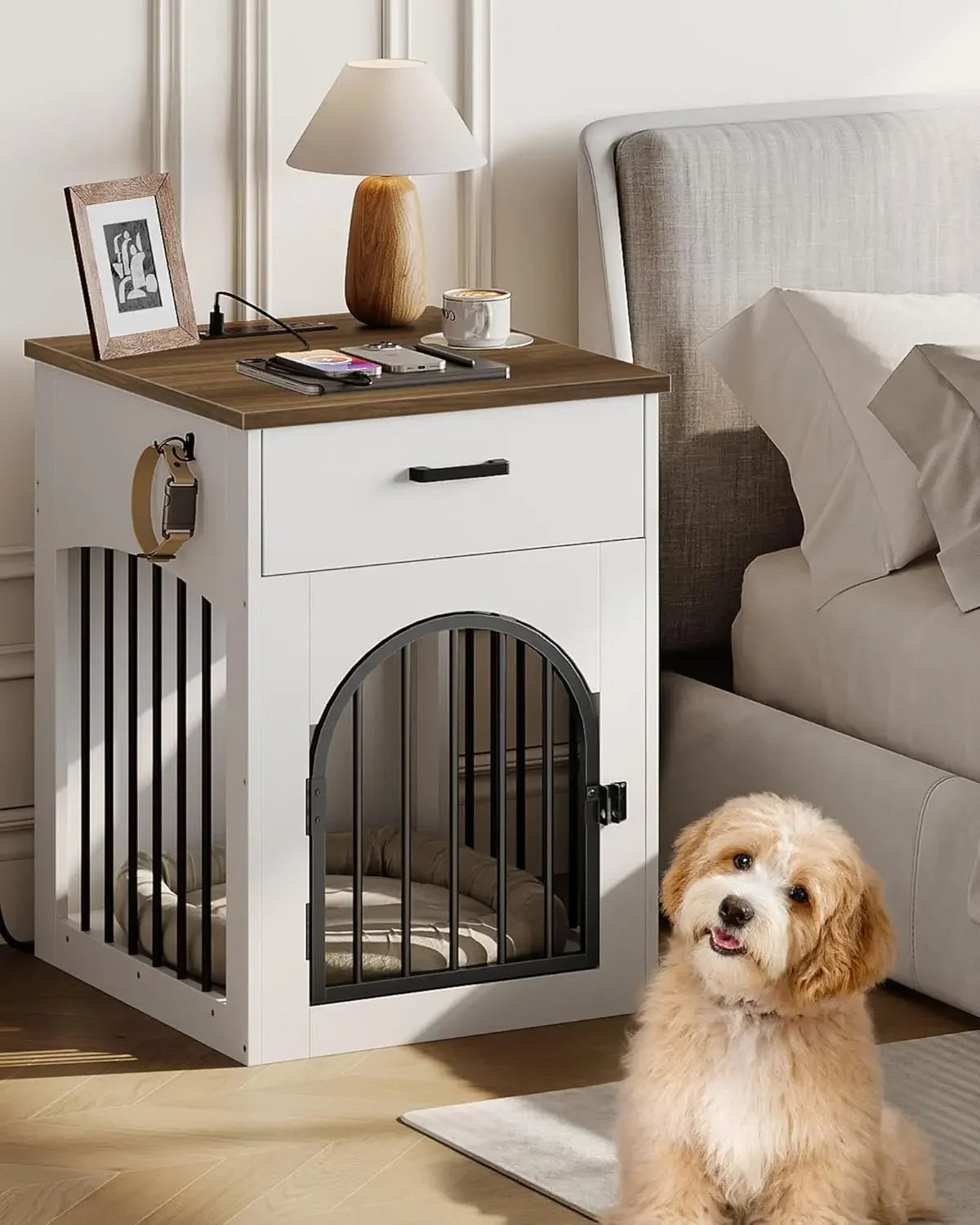Wooden Dog Crate Furniture with Charging Station, Storage Drawer, End Table for Small Breeds in White and Walnut Peaceful Pleasures Health and Wellness