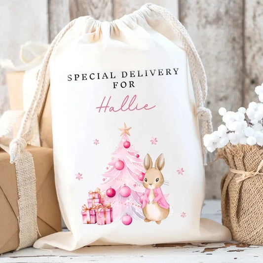 Personalised Rabbit Santa Sack | Custom Christmas Stocking Bag Christmas Gift Sack Peaceful Pleasures Health and Wellness
