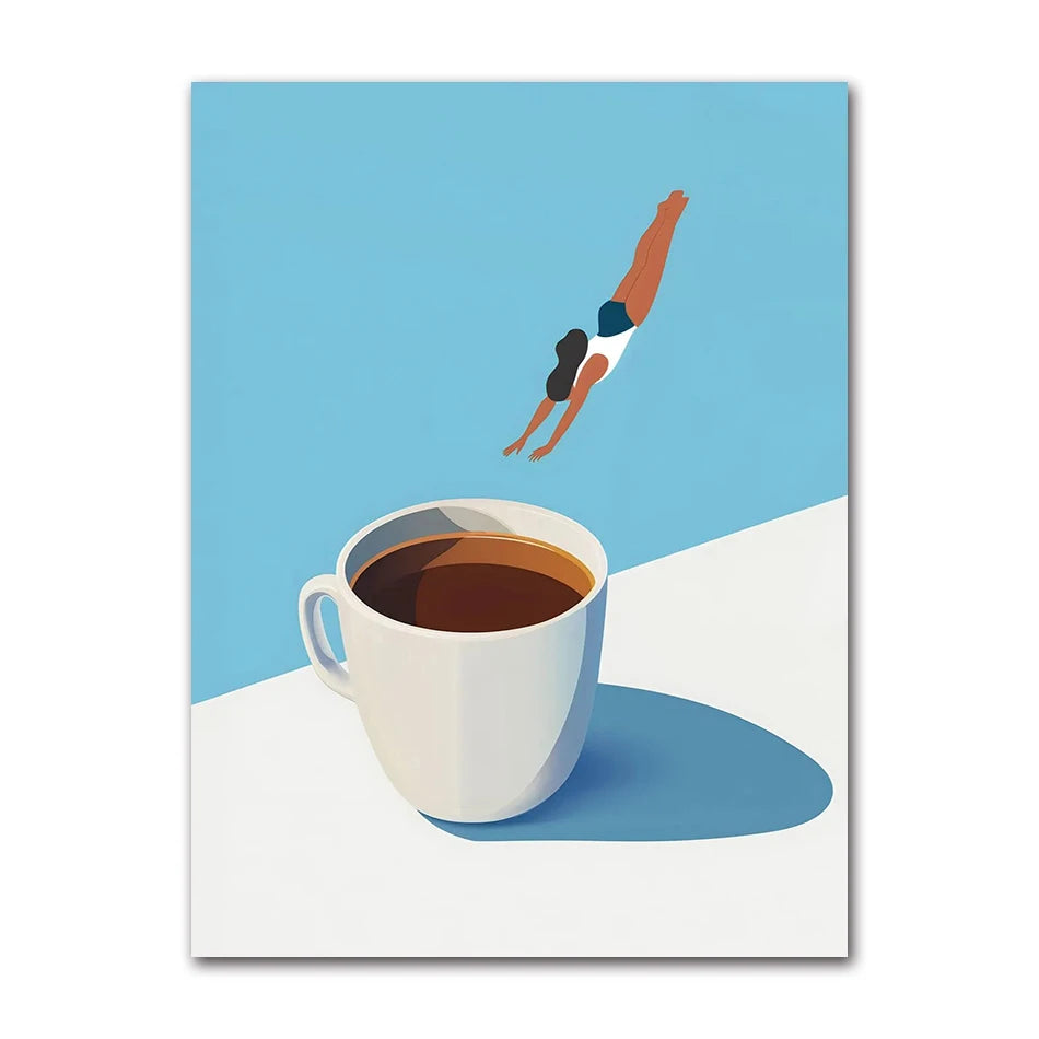 Good Morning Coffee Diver Poster Retro Funny Minimalist Food Espresso Lover Canvas Painting Wall Art Home Room Decor Peaceful Pleasures Health and Wellness 61731-06 50x70cm Unframed