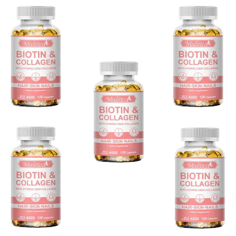 Mulittea Biotin & Collagen Capsules for Hair, Skin & Nails Dietary Supplement Peaceful Pleasures Health and Wellness 120pcs 5bottles United States