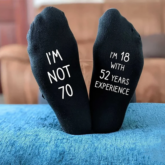Funny 70th Birthday Socks "I'm Not 70" | Novelty Gift Unisex Novelty Birthday Socks Peaceful Pleasures Health and Wellness Sock One size