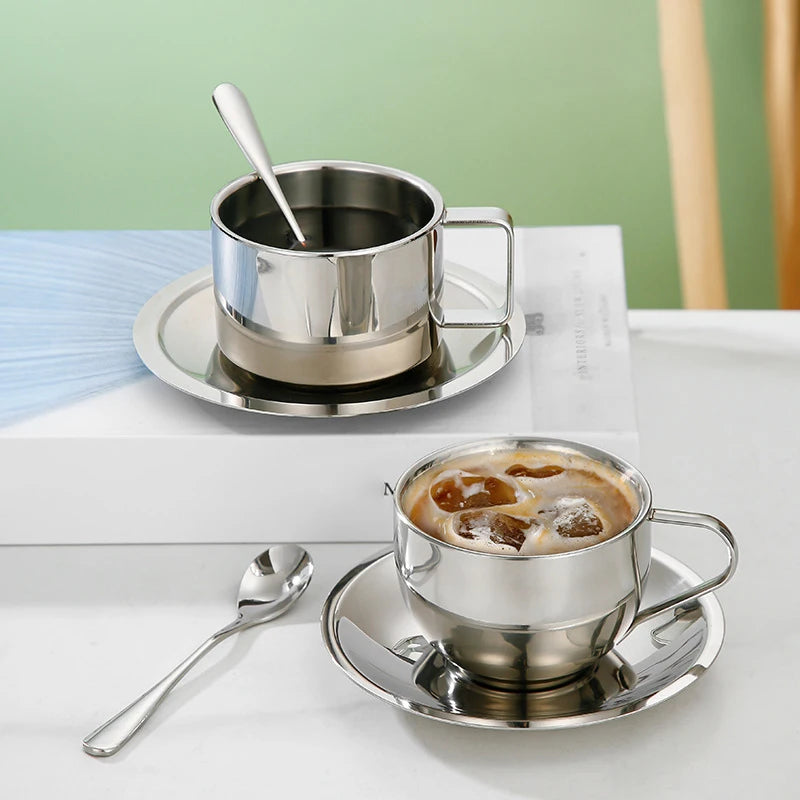 Double Wall Stainless Steel Coffee Cup Set with Saucer & Spoon Coffee Cup Set Peaceful Pleasures Health and Wellness