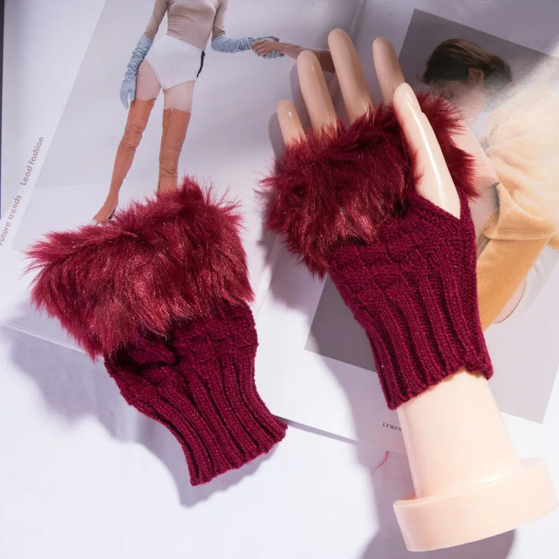 Winter Faux Rabbit Fur Warm Knitted Half Finger Gloves Wrist Hand Warmer Gloves Fingerless Mittens Solid Color Soft Touch Gloves Peaceful Pleasures Health and Wellness 1pc 2 One Size