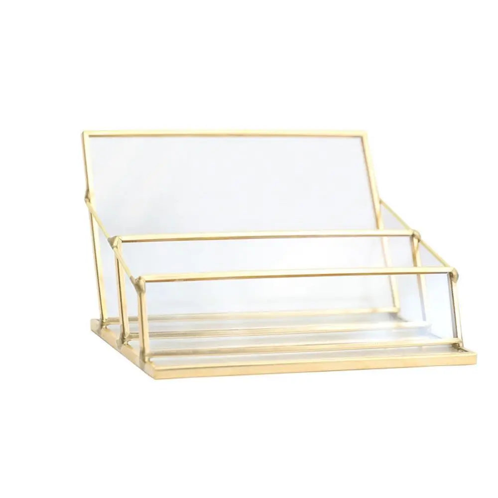 Metal Glass Business Card Holder Stand Professional Elegant Vintage Clear Golden Edge Holder Durable Peaceful Pleasures Health and Wellness 02