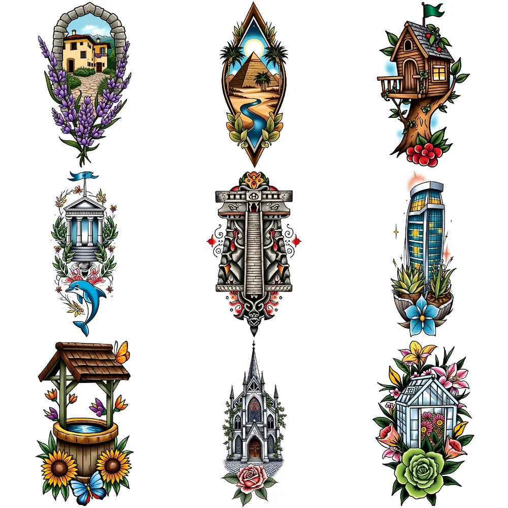9-Pack Temporary Tattoo Stickers – Lighthouse, Flowers & Church