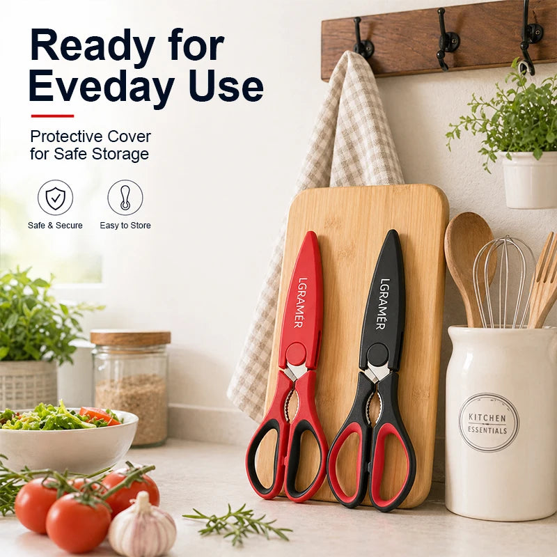 Red Stainless Steel Kitchen Scissors | Serrated Shears & Opener