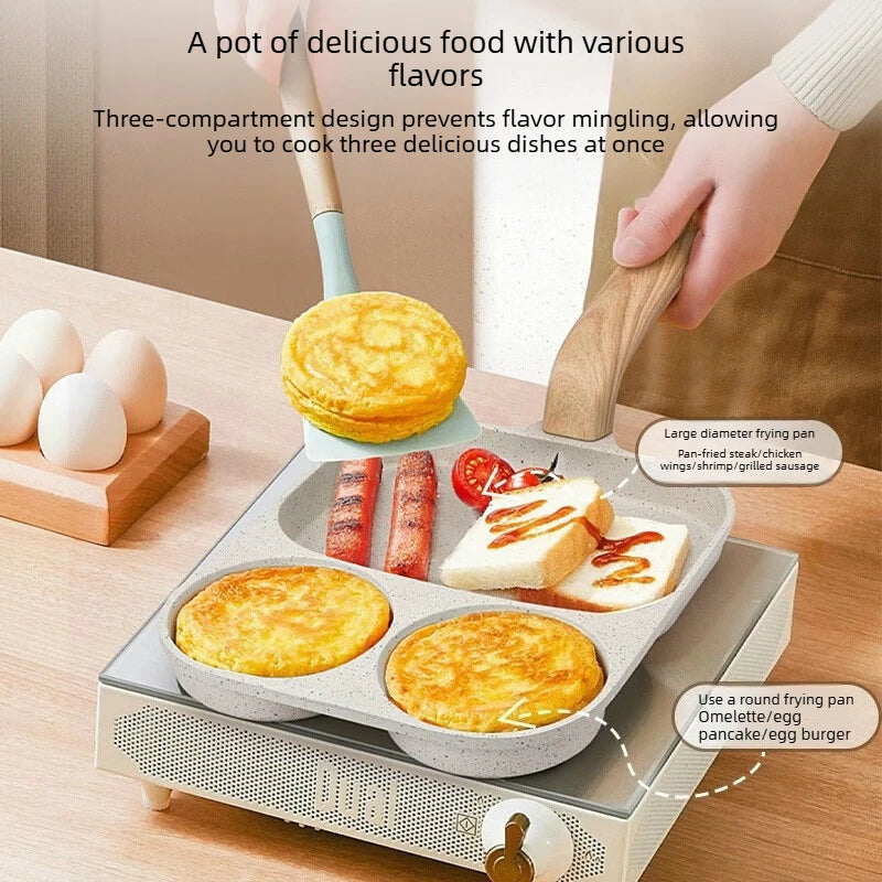 Nonstick Maifan Stone 3 in 1 Egg Burger Pan Household Breakfast Pan for Bacon Steak Egg Frying Pancake Cooking Peaceful Pleasures Health and Wellness
